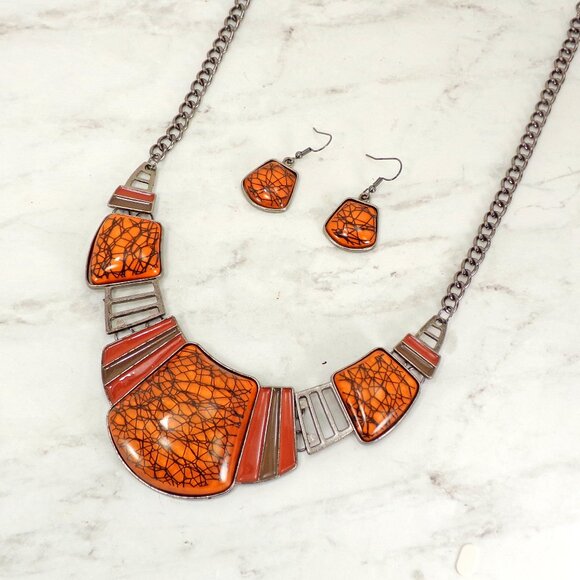 Large orange and black statment necklace and earring set w/ domed cabochon beads - Picture 3 of 7